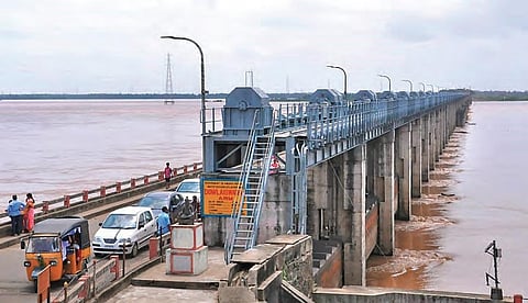 Godavari flood water at Dowleswaram Barrage in East Godavari district. (File Photo | EPS)