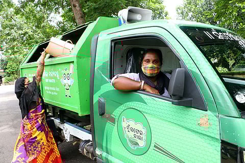Smrutirekha Behera in the Mun-Safaiwala van. (Photo | Irfana, EPS)