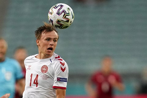 Denmark's Mikkel Damsgaard heads the ball during the Euro 2020 soccer championship quarterfinal match between Czech Republic and Denmark. (Photo | AP)