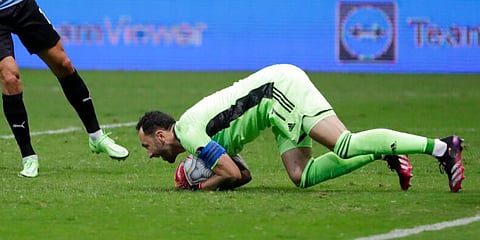 Colombia's goalkeeper David Ospina blocks a shot. (Photo | AP)