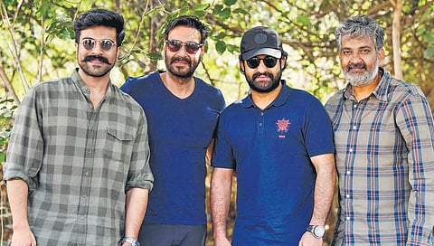 Director SS Rajamouli (extreme right) with the cast of his next directorial, RRR (File Photo)