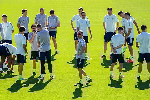 Spain's coach Luis Enrique, center, attends a team's training session with his players in Las Rozas, on the outskirts of Madrid. (Photo | AP)