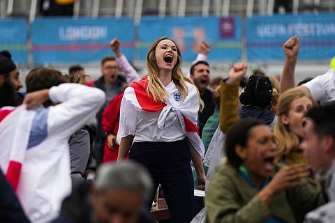 England fans celebrate their team's second goal as they watch the Euro 2020 round of 16 soccer championship match between England and Germany. (Photo | AP)