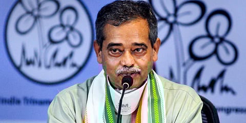 Former Congress MP Abhijit Mukherjee addresses the media after joining Trinamool Congress. (Photo| PTI)