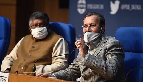 Union Ministers Prakash Javadekar and Ravi Shankar Prasad during a press conference at National Media Centre in New Delhi. (Photo| Parveen Negi, EPS)