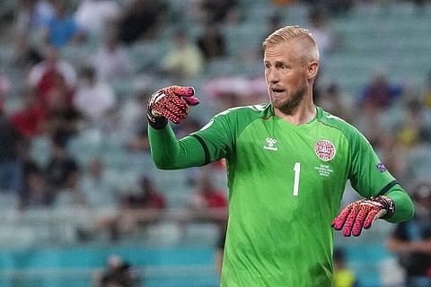 Denmark's goalkeeper Kasper Schmeichel gestures to teammates during the Euro 2020 soccer championship quarterfinal match between Czech Republic and Denmark. (Photo | AP)