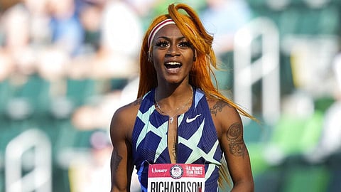 Sha'Carri Richardson celebrates after winning the first heat of the semis finals in women's 100-meter runat the U.S. Olympic Track and Field Trials in Eugene. (Photo | AP)