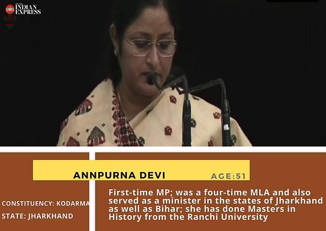 Annpurna Devi: First-time MP from Kodarma, Jharkhand; was a four-time MLA and also served as a minister in the states of Jharkhand as well as Bihar; she has done Masters in History from the Ranchi University.