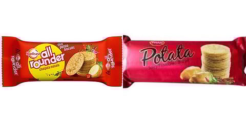 Packaged food major ITC Ltd's 'Sunfeast All-Rounder'(L) and Bangladesh-based Pran Foods’ 'Potata' (R)