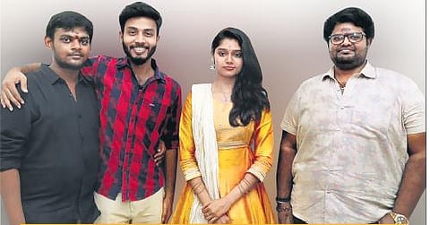 From left to right: Director Koushik Shribhuhar, Sanjay, Aradhya and producer CV Vickram Suria Varma