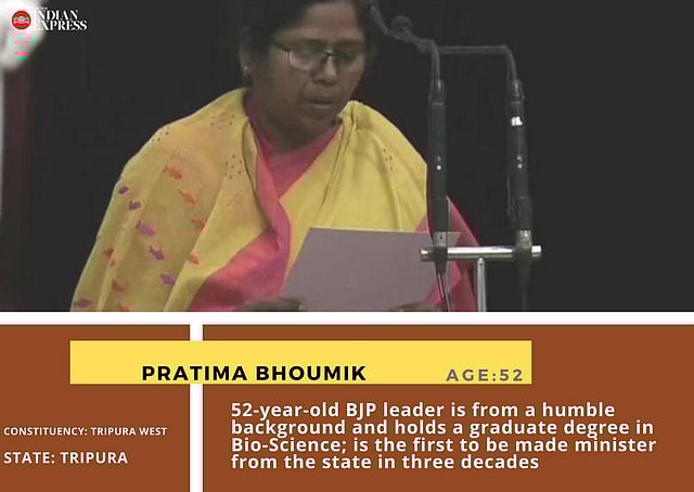 Pratima Bhoumik: First-time MP from Tripura West Lok Sabha seat; the 52-year-old BJP leader is from a humble background and holds a graduate degree in Bio-Science; is the first to be made minister from the state in three decades.