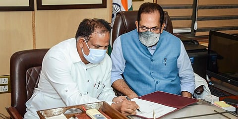 John Barla takes charge as Union Minister of State for Minority Affairs at Antyodaya Bhawan, in New Delhi. (Photo| PTI)