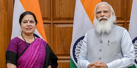 Meenakshi Lekhi with Prime Minister Narendra Modi. (Photo | PTI)