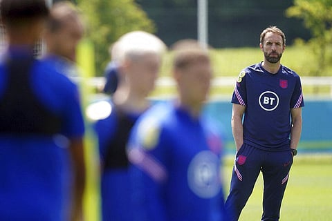 England manager Gareth Southgate watches his players during a training session at St George's Park, Burton upon Trent. (Photo | AP)