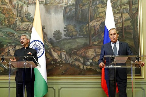 Russian Foreign Minister Sergey Lavrov and Indian Minister of External Affairs Subrahmanyam Jaishankar attend a joint news conference following their talks in Moscow, Russia, July 9, 2021. (Photo |AP)