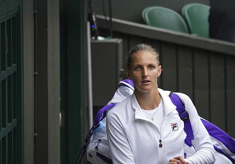 Czech Republic's Karolina Pliskova leaves the court after defeating Aryna Sabalenka of Belarus during the women's singles semifinals match on day ten of the Wimbledon. (Photo | AP)