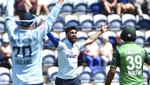 England's Saqib Mahmood, center, celebrates after dismissing Pakistan's Saud Shakeel LBW during the first one day international cricket match between England and Pakistan. (Photo | AP)
