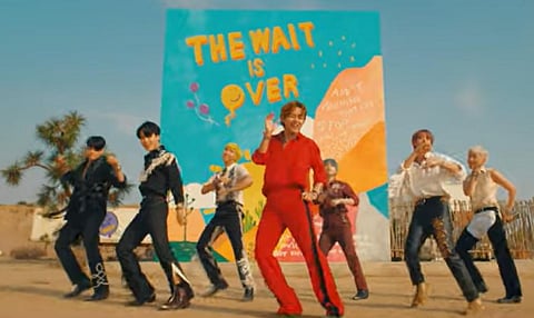 BTS members in a still from 'Permission to Dance' music video (Photo | YouTube screengrab)
