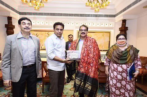 The delegation from Kitex Group, headed by Sabu M Jacob, Chairman & MD, meeting IT Minister K T Rama Rao in Hyderabad