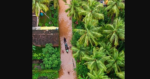 River Aghanashini in spate near Kumta of Uttara Kannada district on July 22, 2021. Several stranded people had to be evacuated. (Photo | EPS/Gopi Jolly)