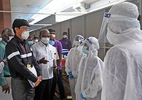 Health Minister Ma Subramanian along with Health Secretary J Radhakrishnan inspected the Chennai airport and monitored Covid screening. (Photo | R Satish Babu, EPS)