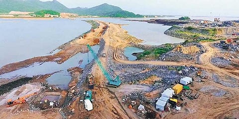 Construction work of the diaphragm wall of the lower cofferdam for the Polavaram Multipurpose Irrigation Project