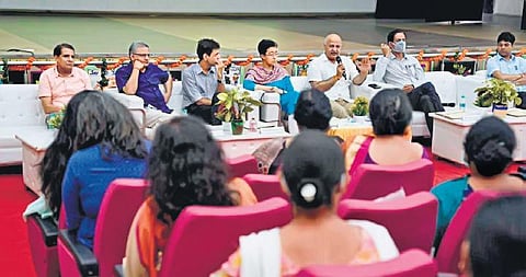 Deputy CM Manish Sisodia interacts with school principals on Tuesday