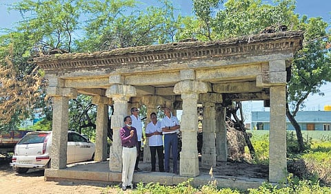 The temple, decorated with stucco figures, has crumbled into the ground due to lack of proper care and the pillars are in a dilapidated state. (Photo | Express)