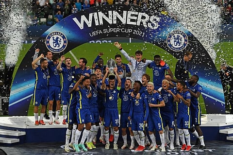 Chelsea's Cesar Azpilicueta (C) raises trophy after Chelsea won UEFA Super Cup defeating Villarreal at Windsor Park in Belfast on August 11, 2021. (Photo | AFP)
