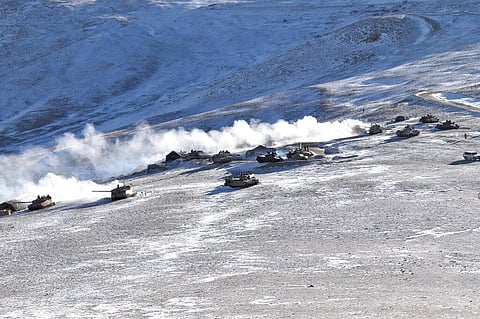 In this photograph provided by the Indian Army, tanks pull back from the banks of Pangong Tso lake region, in Ladakh along the India-China border on Wednesday, Feb. 10, 2021. (Photo | AP)