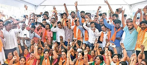 File photo of members of the Panchamasali Lingayat community held a protest at Freedom Park in Bengaluru, demanding reservation, on February 22 | FILE