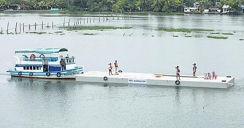 One of the pontoons to be installed at the Water Metro terminal spotted in the backwaters of Kochi