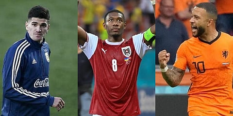 (L to R): Rodrigo de Paul, David Alaba and Memphis Depay (Photos | AP, AFP)
