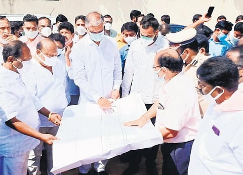 Ministers T Harish Rao, Gangula Kamalakar and Koppula Eshwar inspect arrangements for the upcoming public meeting to be addressed by Chief Minister K Chandrasekhar Rao on the outskirts of Huzurabad.