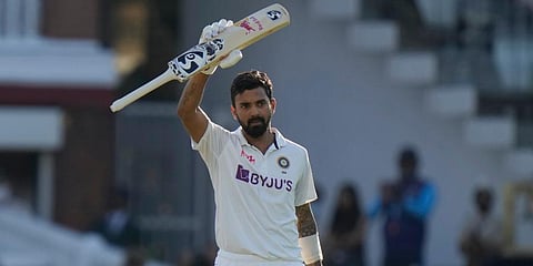 KL Rahul celebrates after getting 100 runs not out during the 2nd cricket test between England and India at Lord's cricket ground in London. (Photo | AP)