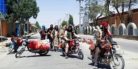 Taliban fighters patrol inside the city of Ghazni, southwest of Kabul, Afghanistan, Thursday, Aug. 12, 2021. (Photo | AP)