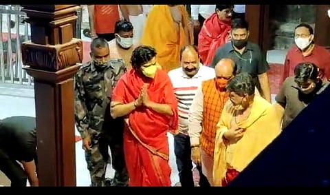 Visuals of Kailash Vijayvargiya, his MLA son and the other legislator leaving the temple after offering prayers too went viral. (Photo | Special Arrangement)