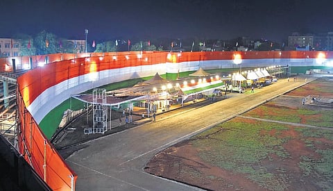 IGMC stadium in Vijayawada was illuminated, ahead of the Independence Day celebrations, on Friday, August 13, 2021. (Photo | P Ravindra Babu)