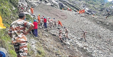Rescue works progressing at the site of a landslide in Himachal Pradesh on Thursday. (Photo | PTI)
