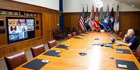 US President Joe Biden meets virtually with his national security team and senior officials for a briefing on Afghanistan, Sunday, Aug. 15, 2021, at Camp David. (Photo | AP/ US White House)