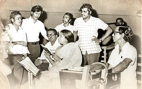 Representative Image: Ambareesh, Rajendra Singh Babu, singer Vani Jayaram in a film made by Shankar Singh.
