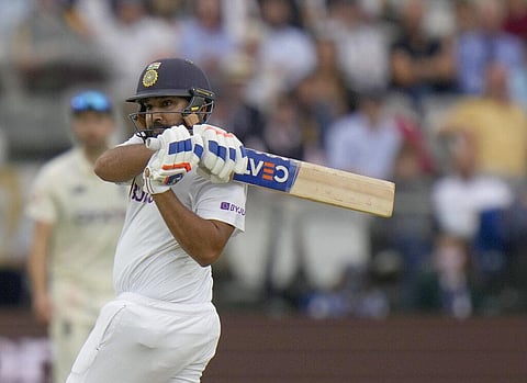 India's Rohit Sharma hits a single run off the bowling England's Sam Curran during the second Test at Lord's in London. (Photo | AP)