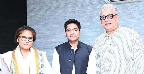 Former MP Sushmita Dev with TMC general secretary Abhishek Banerjee and MP Derek O'Brien. (Photo | Twitter/@AITCofficial)