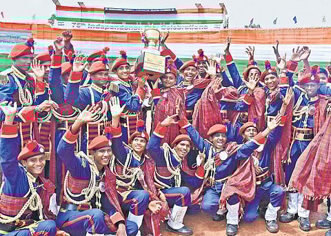 Social Welfare students celebrate as they win a consolation prize for march-past. (Photo | P Ravindra Babu, EPS)