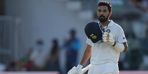 India's KL Rahul celebrates after getting 100 runs not out during the second cricket Test between England and India at Lord's cricket ground in London. (Photo | AP)