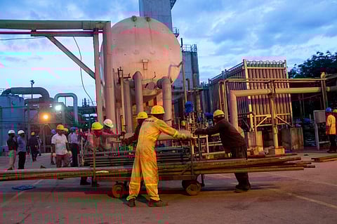 File photo of workers at the oxygen plant in Thoothukudi's Sterlite Copper unit. (Photo | Express)