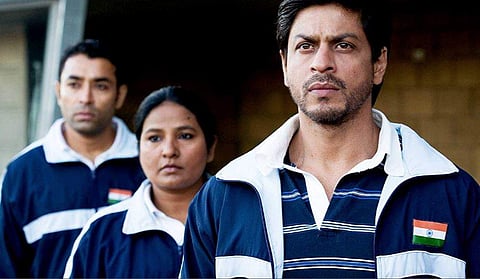 Shah Rukh Khan in Chak De India, where he played the role of the coach of Indian women's Hockey team.