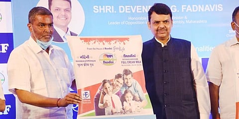 Chairman of KMF Balachandra Jarkiholi and former CM of Maharashtra Devendra Fadnavis launching KMF products at Nagpur, Vidarbha, Maharashtra.