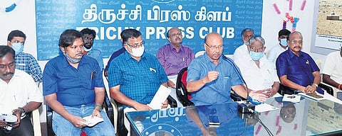 Poet Nandala speaking at a Tamil Intra-city Development Endeavours (TIDES) press meet, in Tiruchy. (Photo | Express)