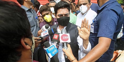 TMC General Secretary Abhishek Banerjee speaks to the media during his visits to Tripureswari temple, in Agartala. (Photo | ANI)